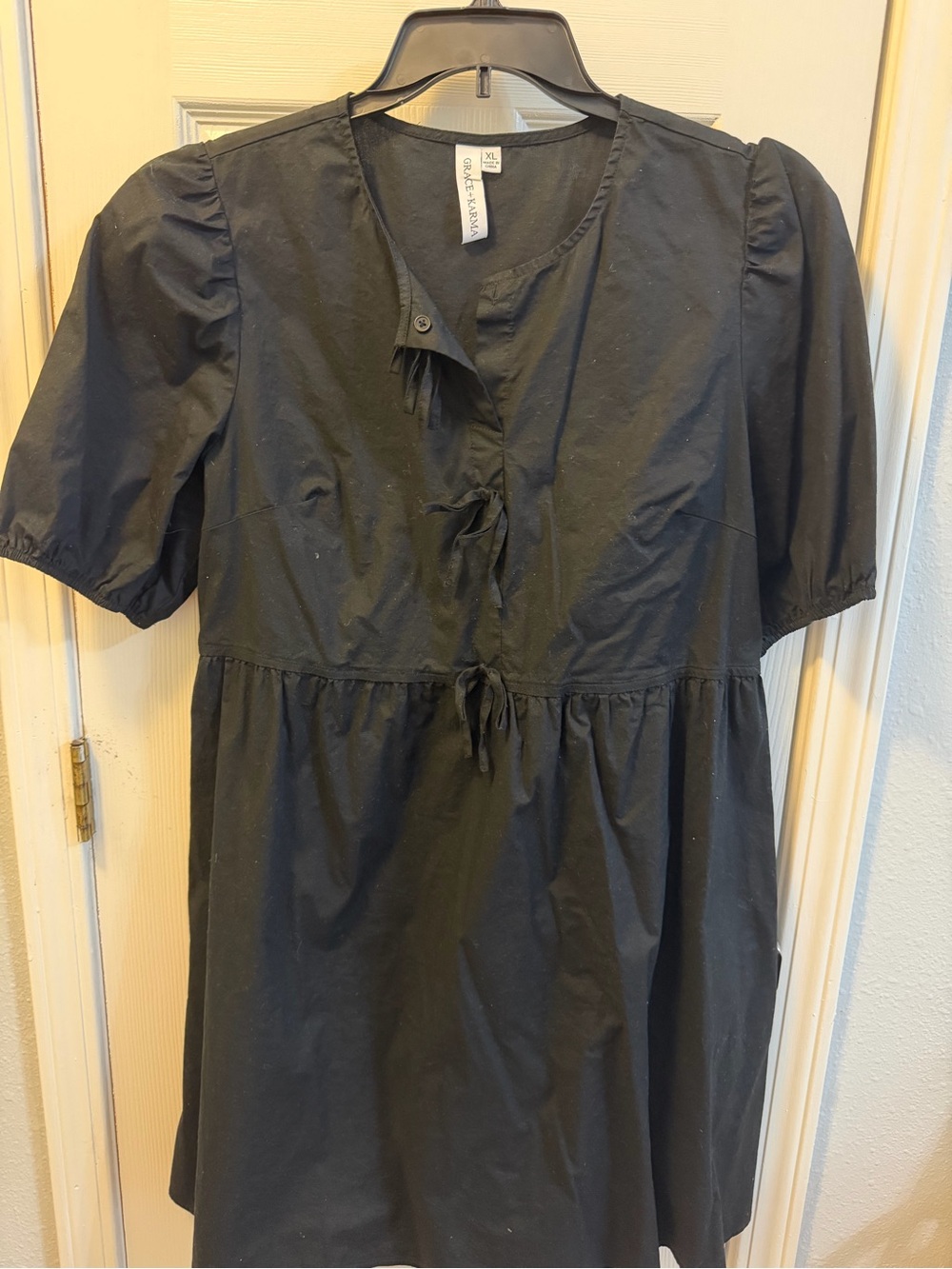 Black Cotton Tie-Front Mini Dress with Puff Sleeves